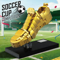 Golden boot trophy building blocks set on display stand