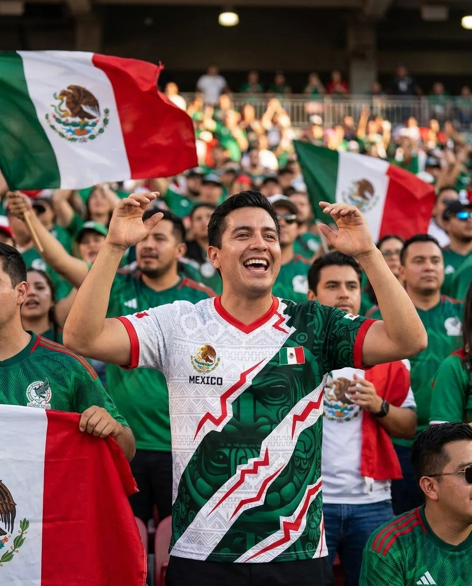 Fan wearing Mexico Aztec jersey at stadium