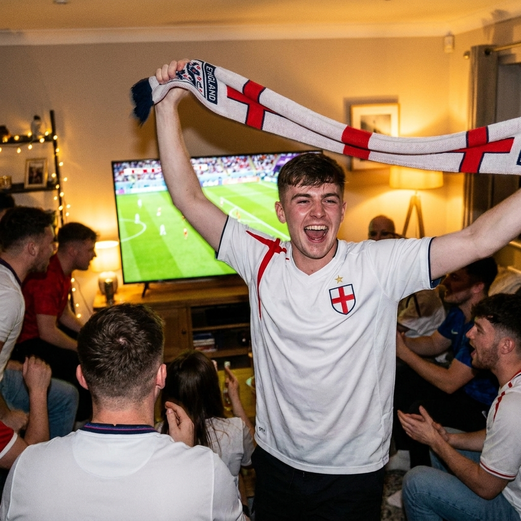 Fan wearing England 2026 jersey at watch party