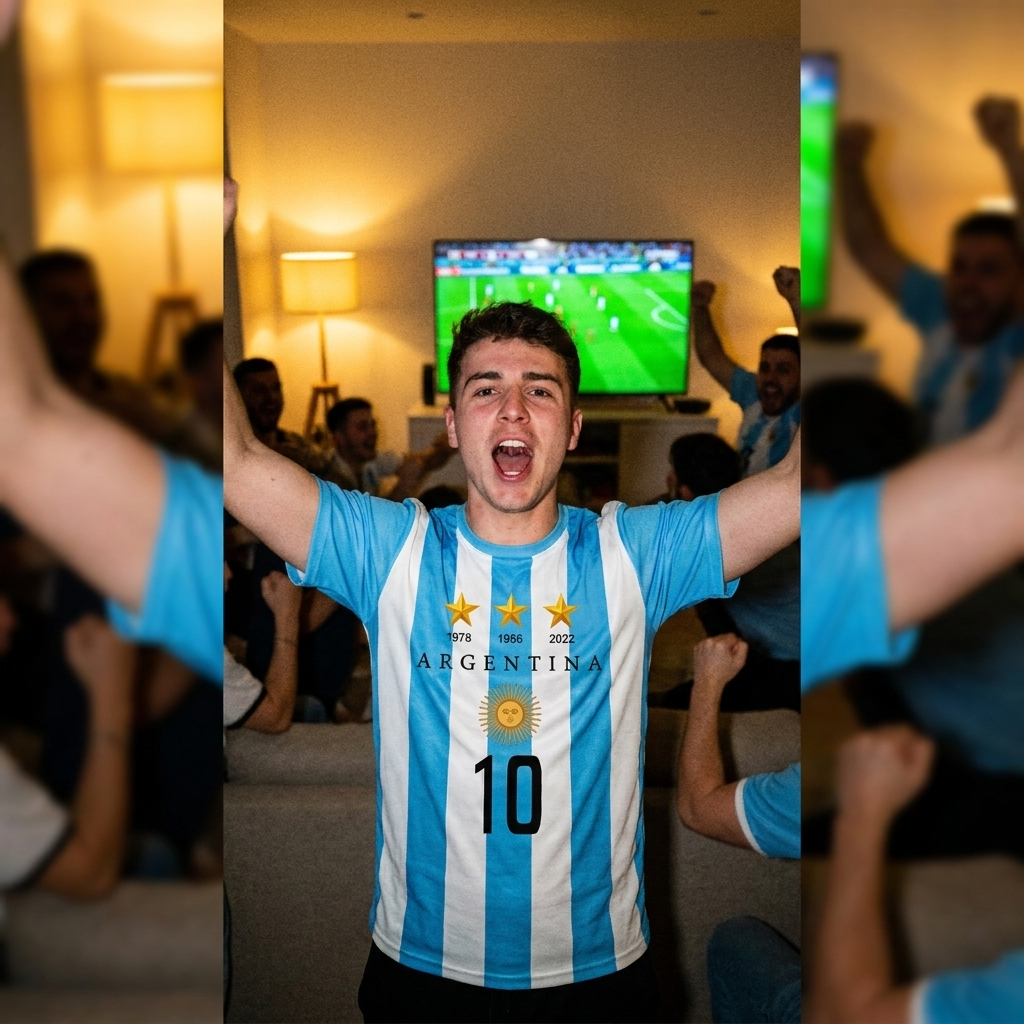 Fan wearing Argentina 2026 jersey at watch party