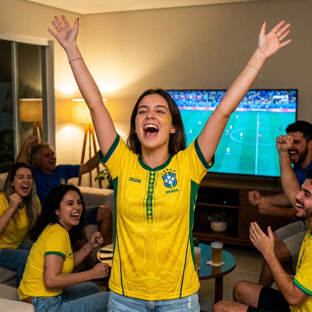 Fan wearing Brazil 2026 jersey at watch party