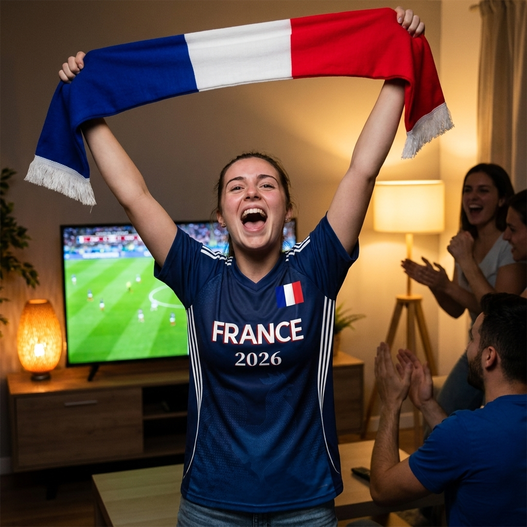 Fan wearing France 2026 jersey at watch party