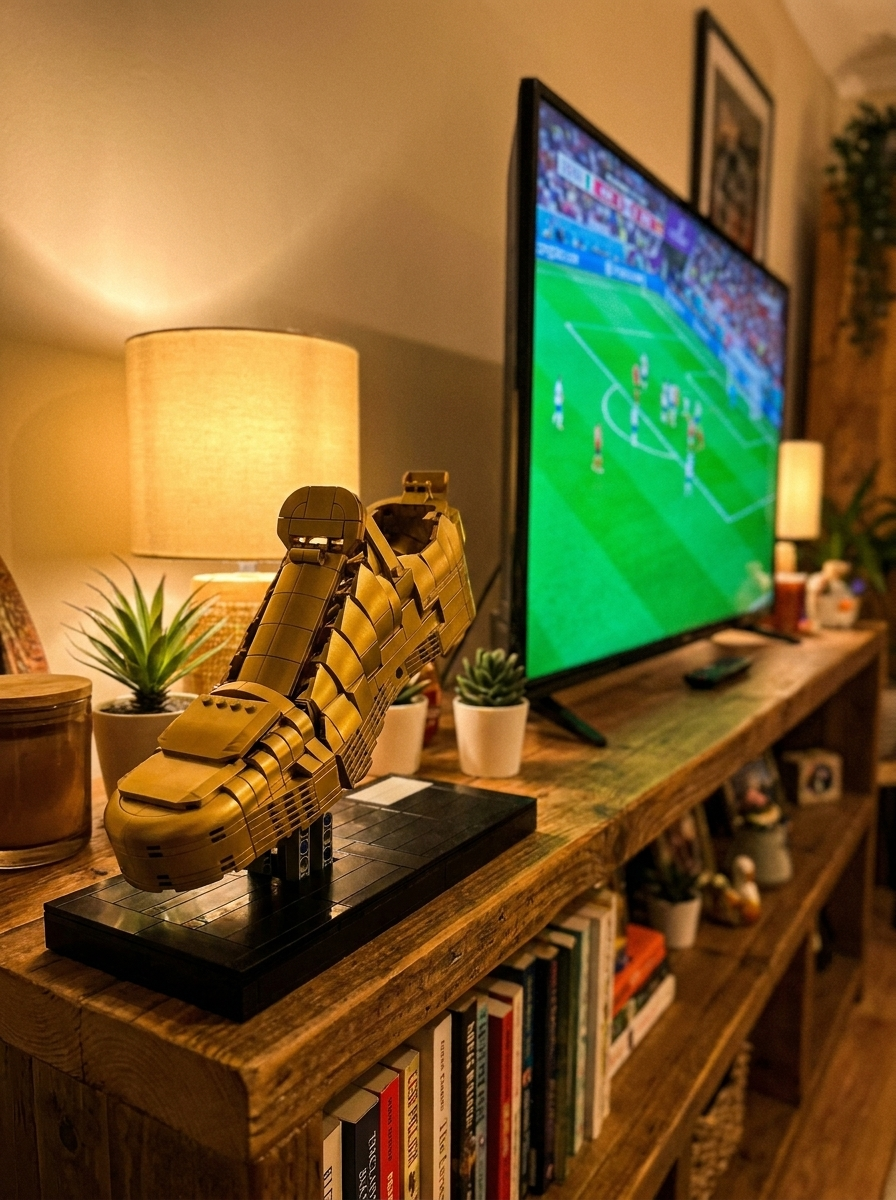 Golden boot brick trophy on a TV console with a soccer match on screen