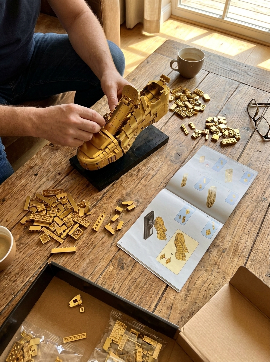 Building the golden boot brick set with loose bricks and instructions on a table
