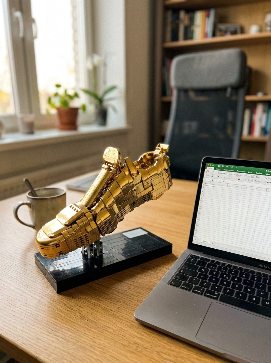 Golden boot brick trophy displayed on a home office desk