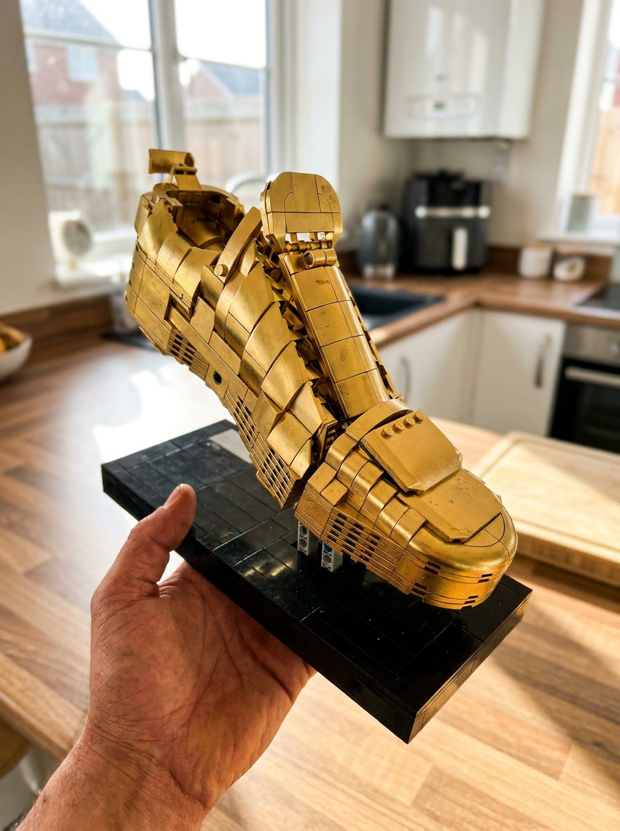 Hands holding the finished golden boot brick trophy