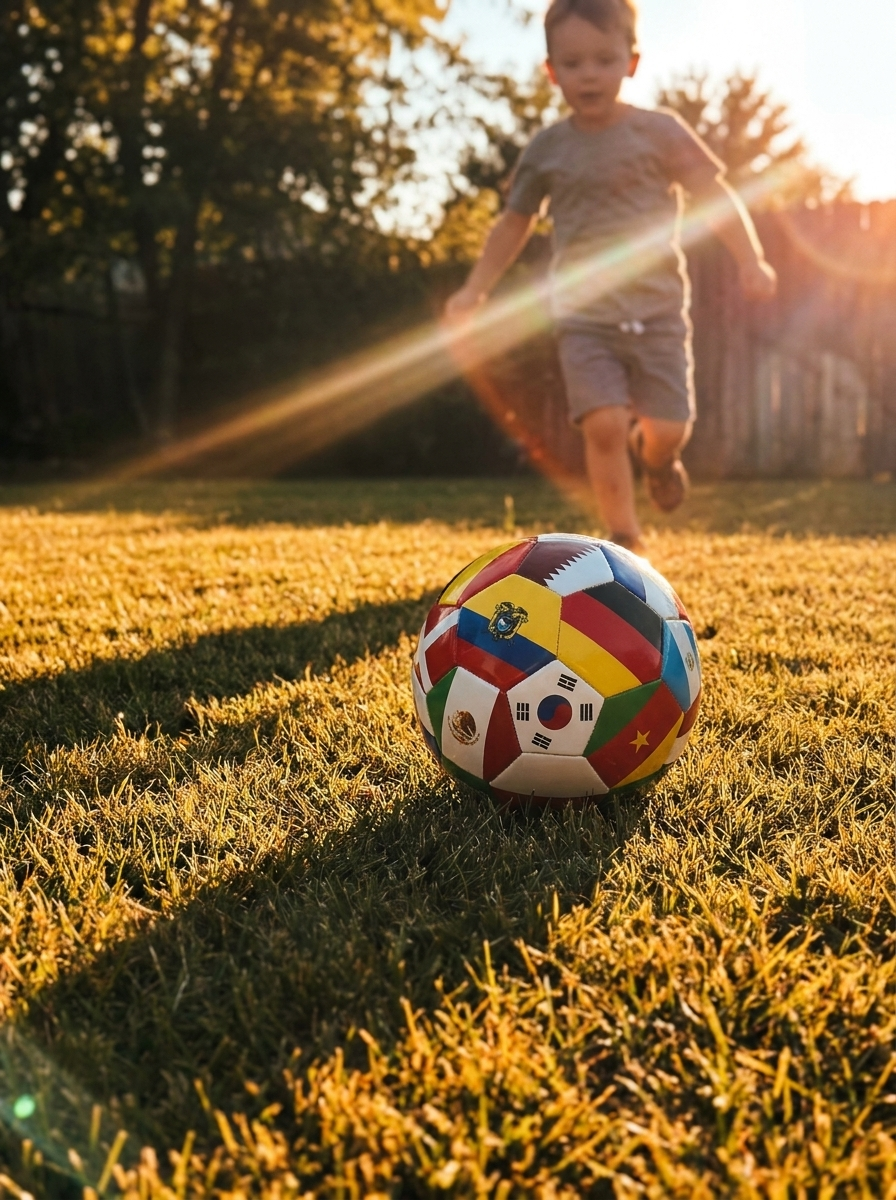 Kid running to kick the flag soccer ball at golden hour